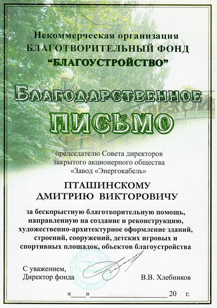 Благодарность благотворительного фонда "Благоустройство" Благодарность благотворительного фонда "Благоустройство"
