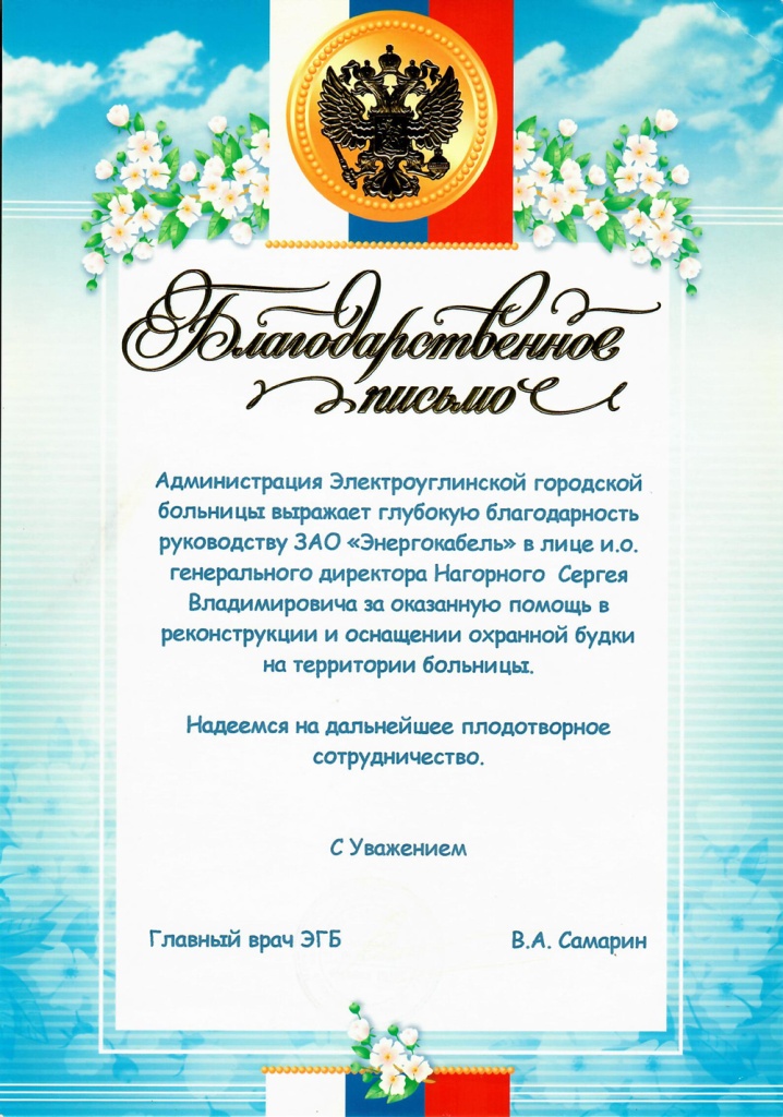 Благодарность Электроуглинской городской больницы Благодарность Электроуглинской городской больницы